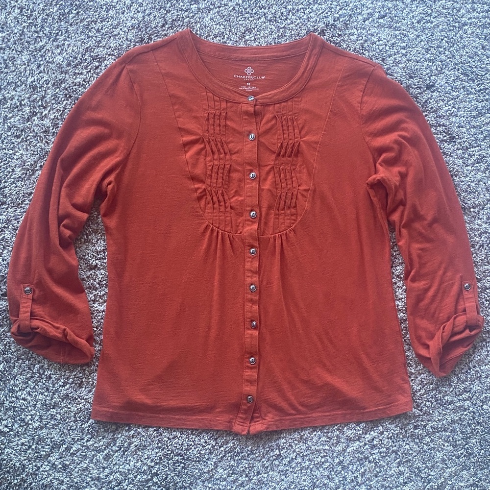 Charter Club Orange Button-Up Cotton Blouse Size M🎁 - Picture 2 of 2